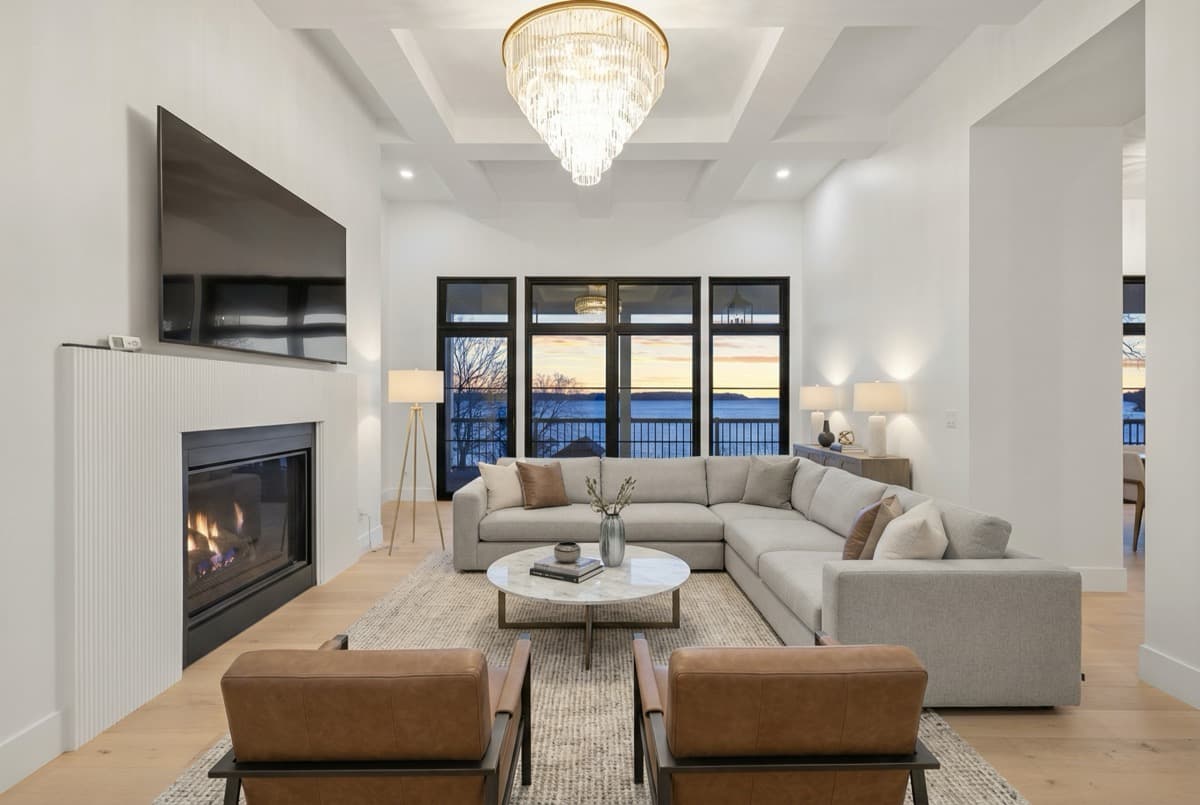 Lakefront living room at sunset